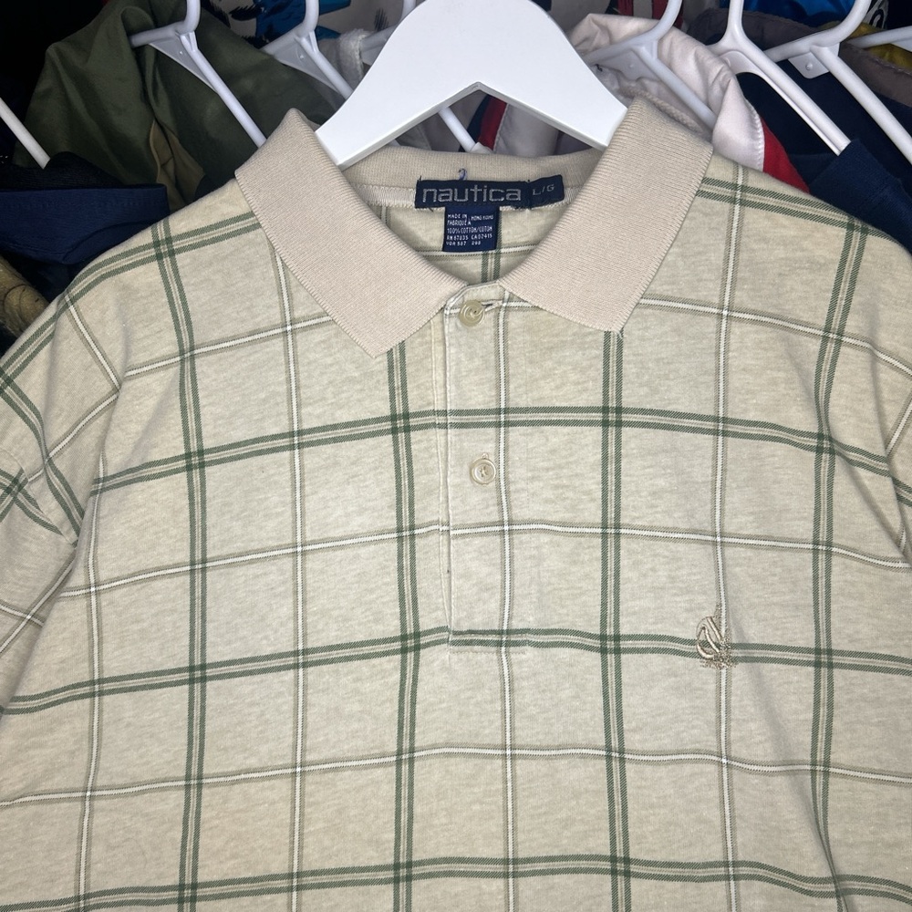90s Nautica Men's Beige Plaid Golf Polo Shirt Large